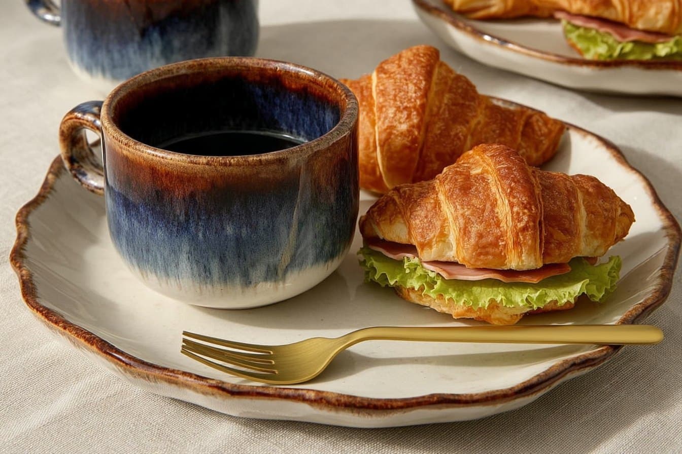Filiżanka czarnej kawy i croissant z szynką i sałatą na porcelanowym talerzu